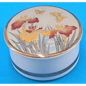 Vtg Art of Chokin 24K Gold Trim Fine China Butterfly Floral Iris Jewelry Box...